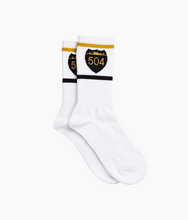 Load image into Gallery viewer, 504 Shield Crew Socks - White/Gold/Black
