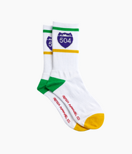 Load image into Gallery viewer, 504 Shield Crew Socks - White/Purple/Green
